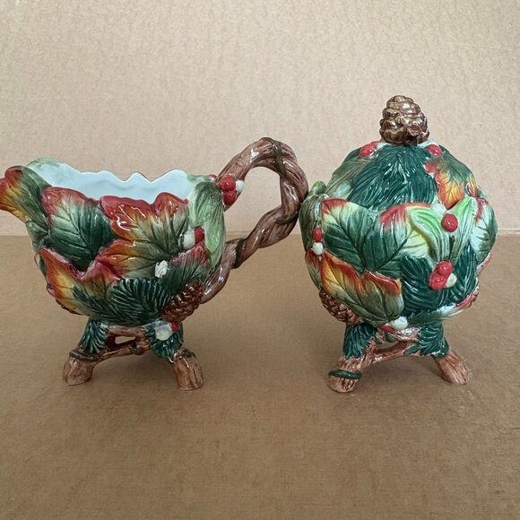 Fitz & Floyd Christmas Lodge Holly Pinecone Sugar Creamer - Picture 1 of 16